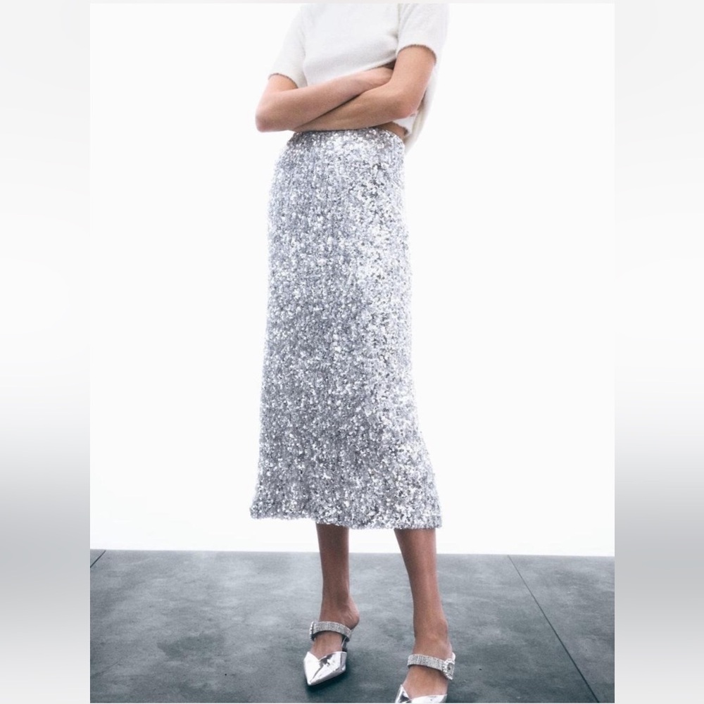 Mango Silver Sequin Midi Skirt